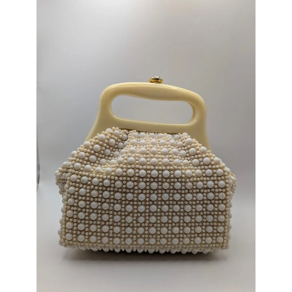Vintage Handmade Beaded Handbag White Pearl Lucite Handle Kiss Lock Hong Kong